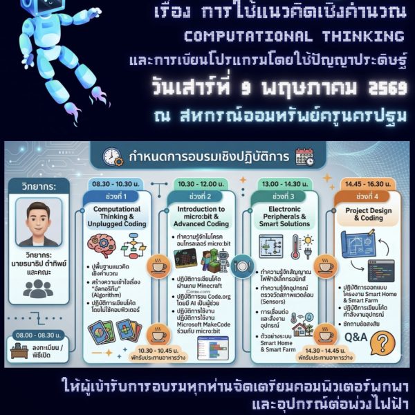 การอบรมเชิงปฏิบัติการการใช้แนวคิดเชิงคำนวณ (Computational Thinking) และการเขียนโปรแกรม โดยใช้ปัญญาปร…